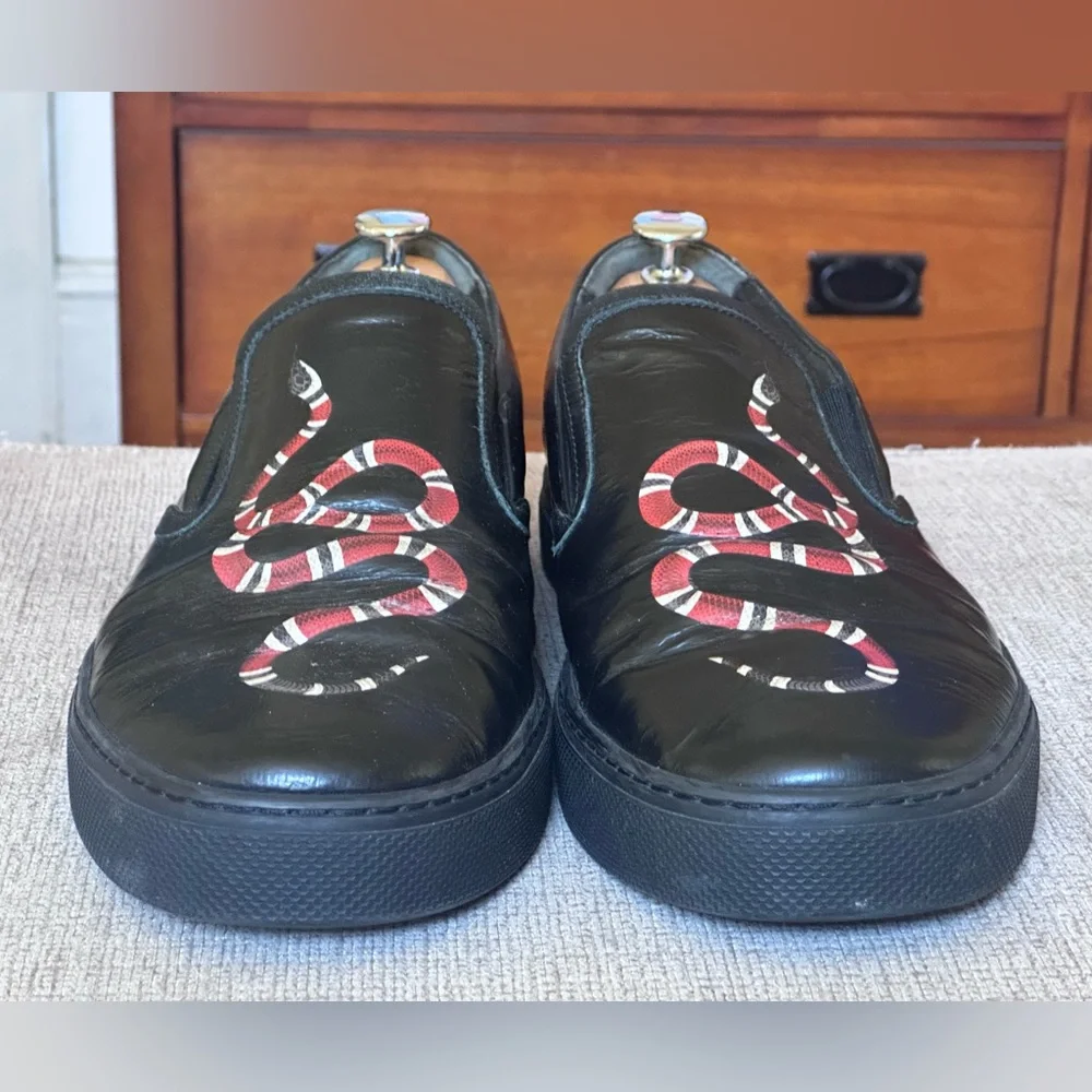 Gucci Snake Design Black Leather Men’s Slip-On Sneakers Size 12 G - Picture 3 of 13